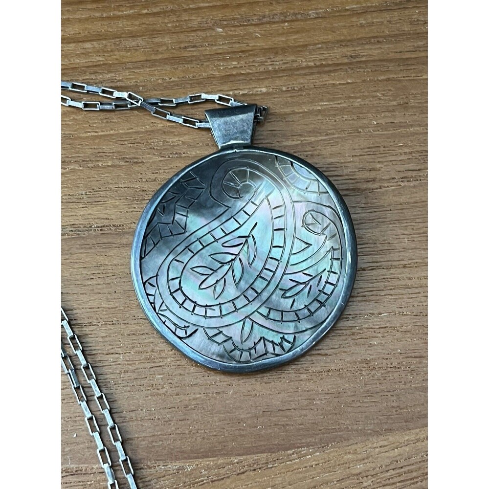 Vintage Sterling Silver Scroll Abalone Pendant Unique Box Chain Necklace 24”